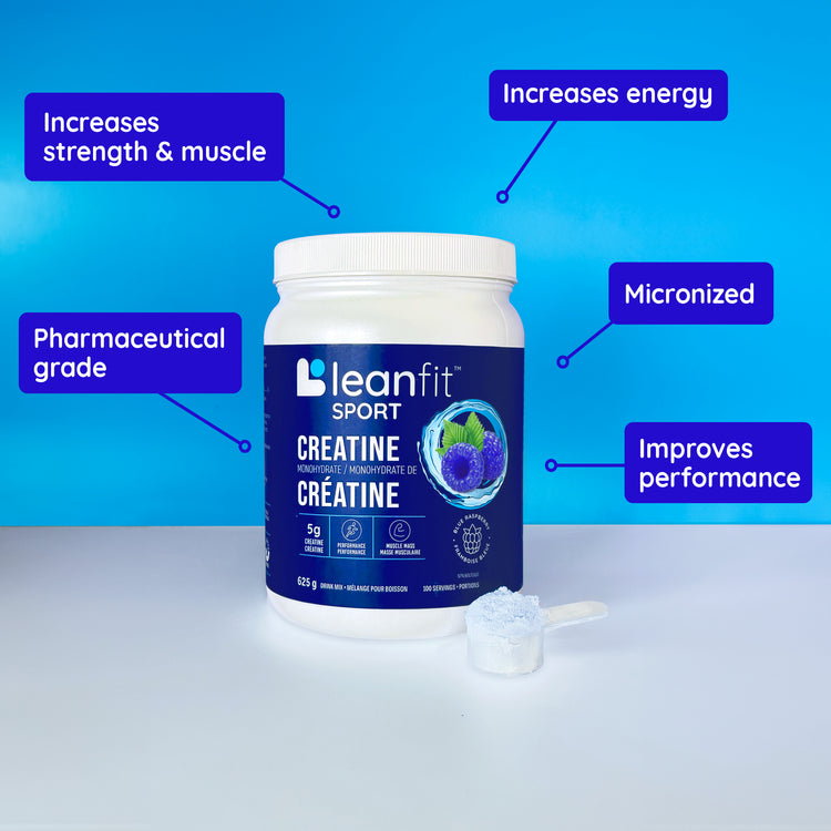 Leanfit Sport Creatine supplement container with blue label on a white surface and blue background