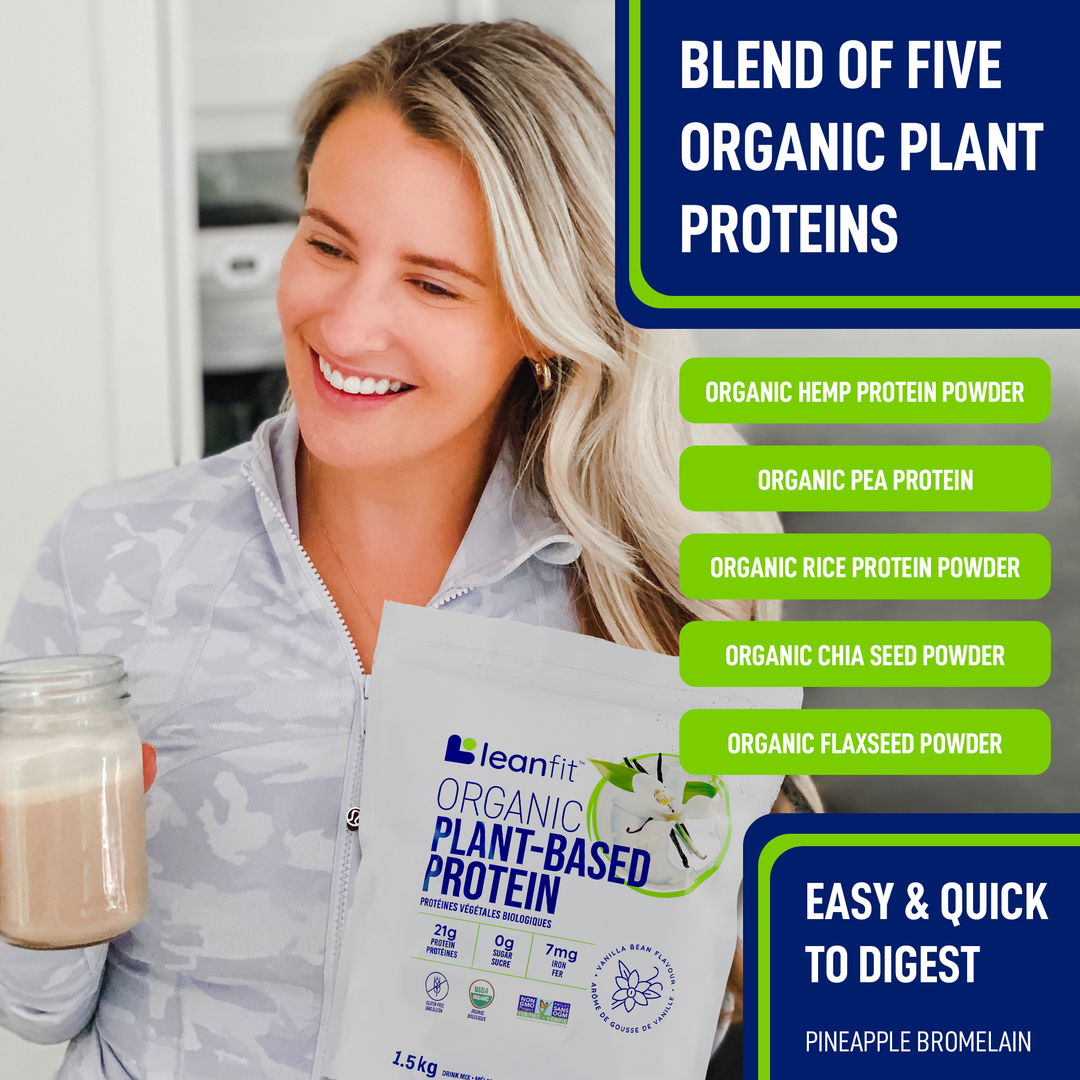 Woman holding a smoothie and Leanfit Organic Plant-Based Protein pouch. Contains five organic proteins: hemp, pea, rice, chia seed, flaxseed. Easy to digest with pineapple bromelain.