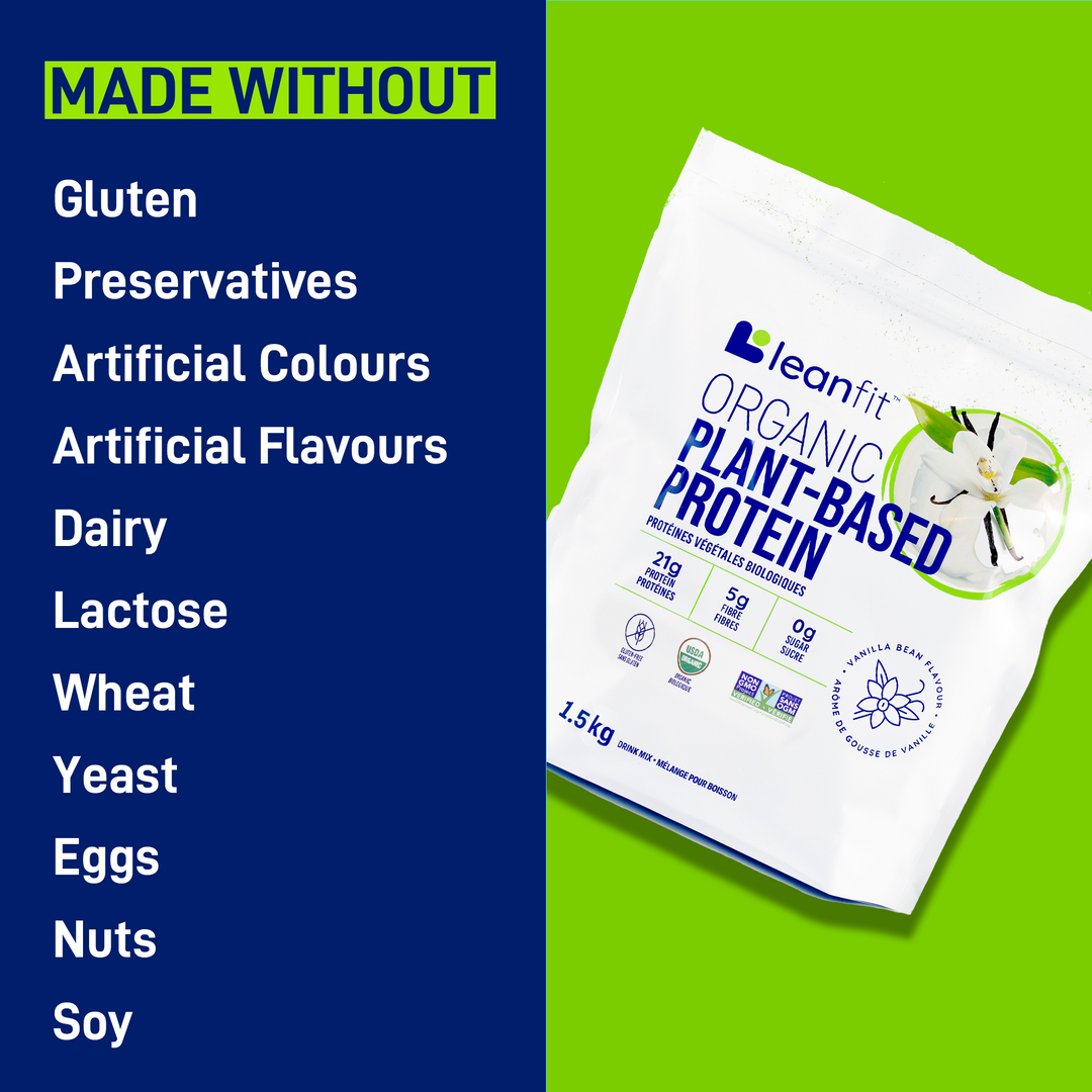 LEANFIT Organic Plant-Based Protein 1.5kg bag with callout: made without gluten, dairy, soy, nuts, eggs, lactose, wheat, preservatives, artificial colours or flavours.