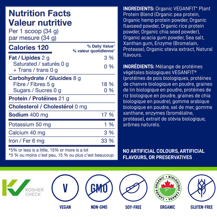 Nutrition facts and ingredients for Leanfit Organic Plant-Based Protein. Vegan, non-GMO, soy-free, gluten-free, and organic with no artificial flavours or preservatives.