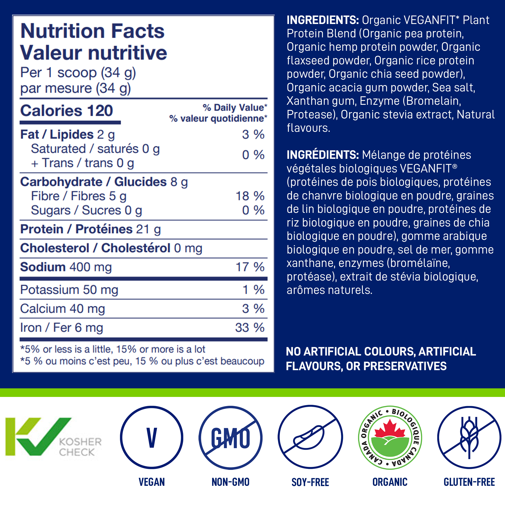 Nutrition facts and ingredients for Leanfit Organic Plant-Based Protein. Vegan, non-GMO, soy-free, gluten-free, and organic with no artificial flavours or preservatives.