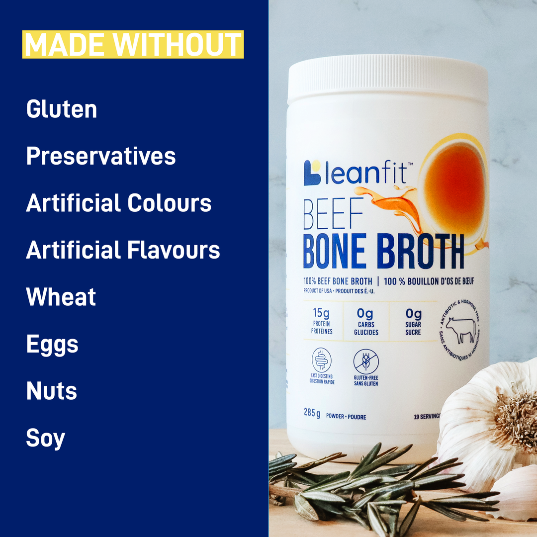 LEANFIT Beef Bone Broth features — made without artificial flavours or preservatives