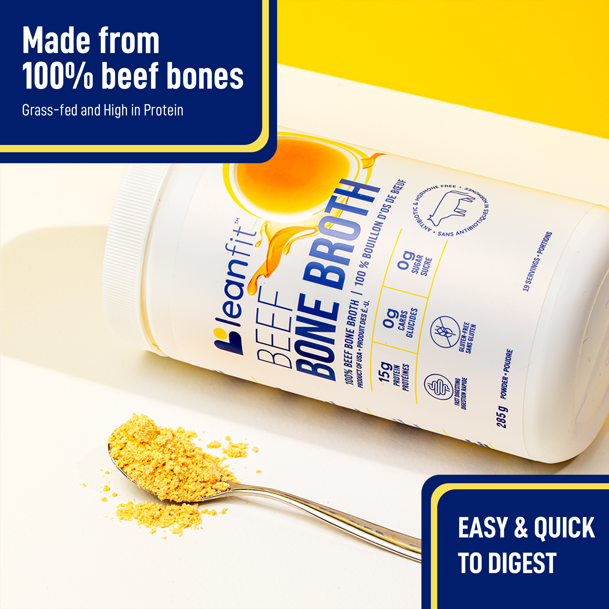 Leanfit Organic Plant-Based Protein single-serve packets with ‘Buy More Save More’ banner—21g protein, 5g fibre, Non-GMO Project Verified.