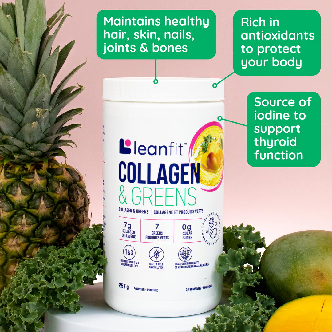 Benefits of LEANFIT Collagen & Greens — maintains healthy hair, skin, nails, joints, and bones; antioxidants; source of iodine to support thyroid function