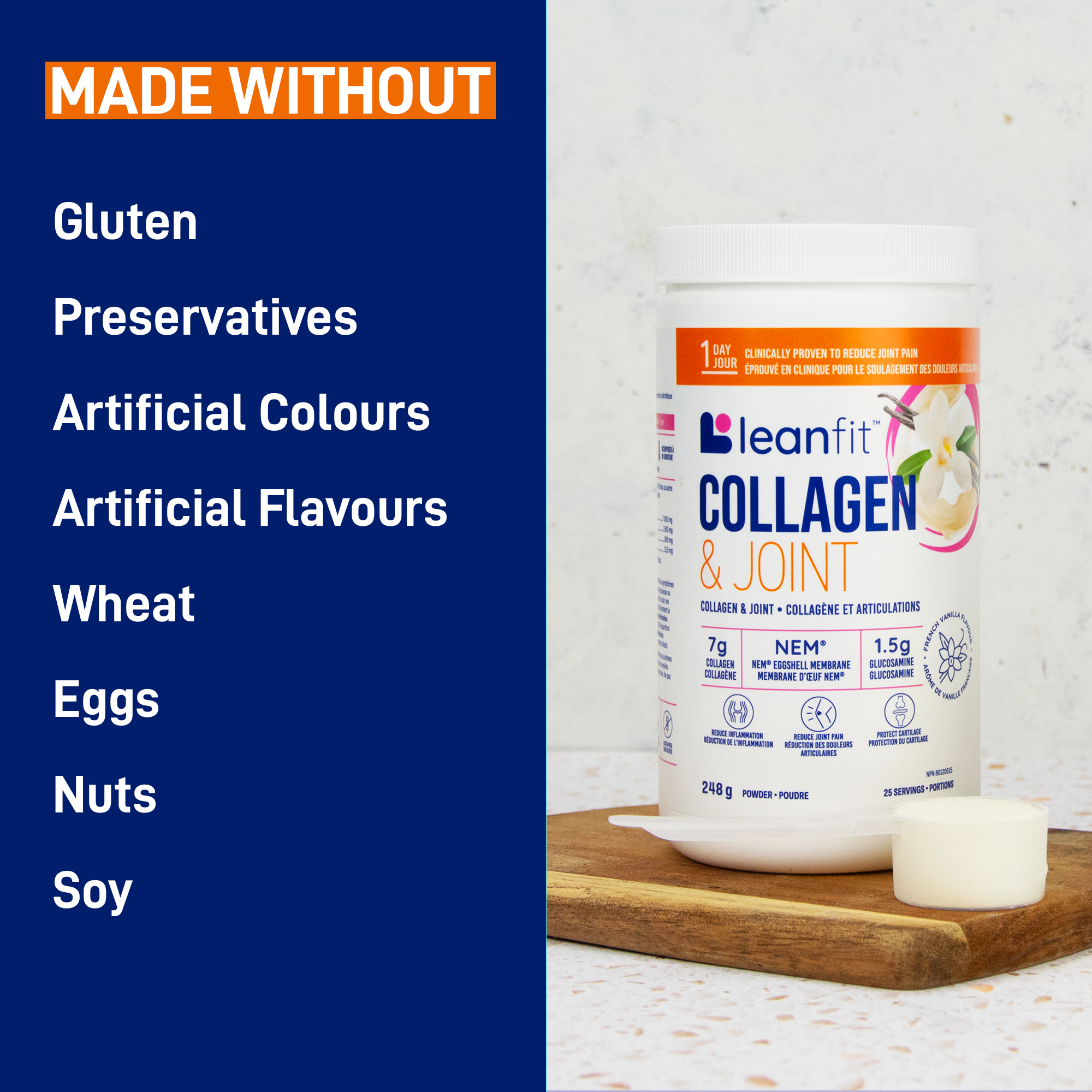 LEANFIT Collagen & Joint — made without gluten, preservatives, artificial colours or flavours, wheat, eggs, nuts, or soy