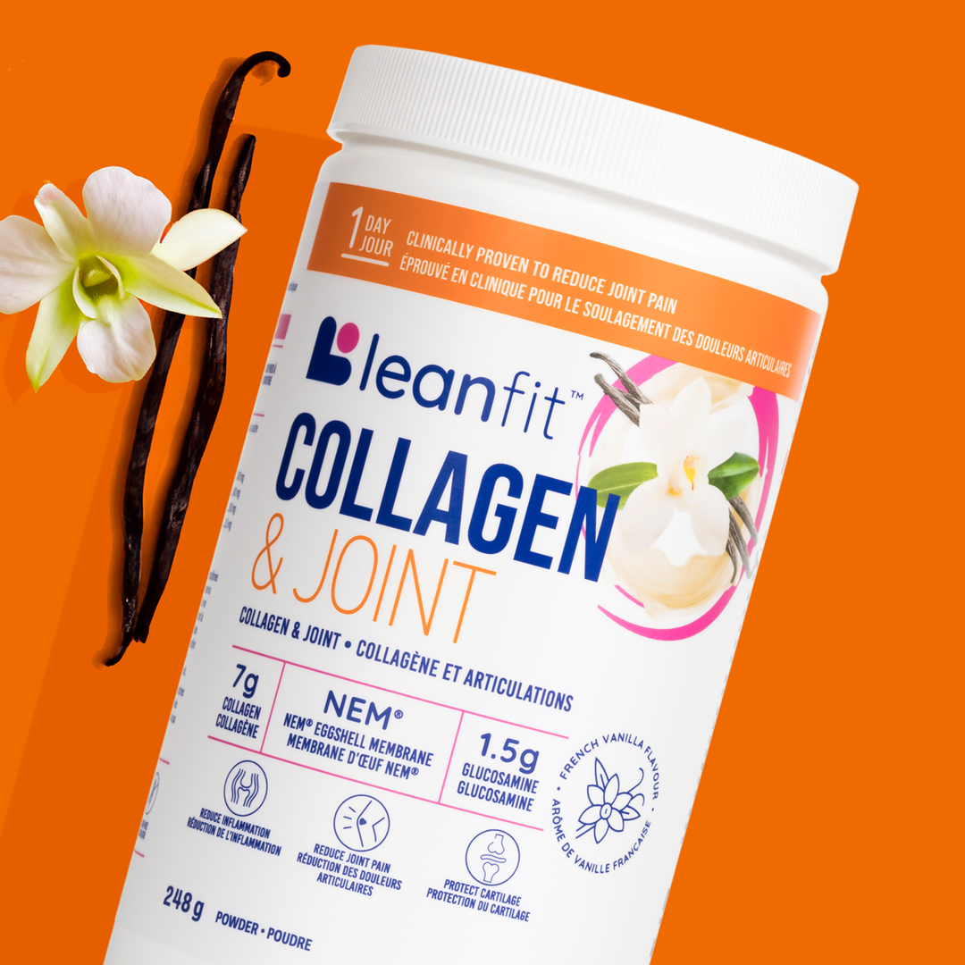 LEANFIT Collagen & Joint product hero on orange background with vanilla flower — easy to mix