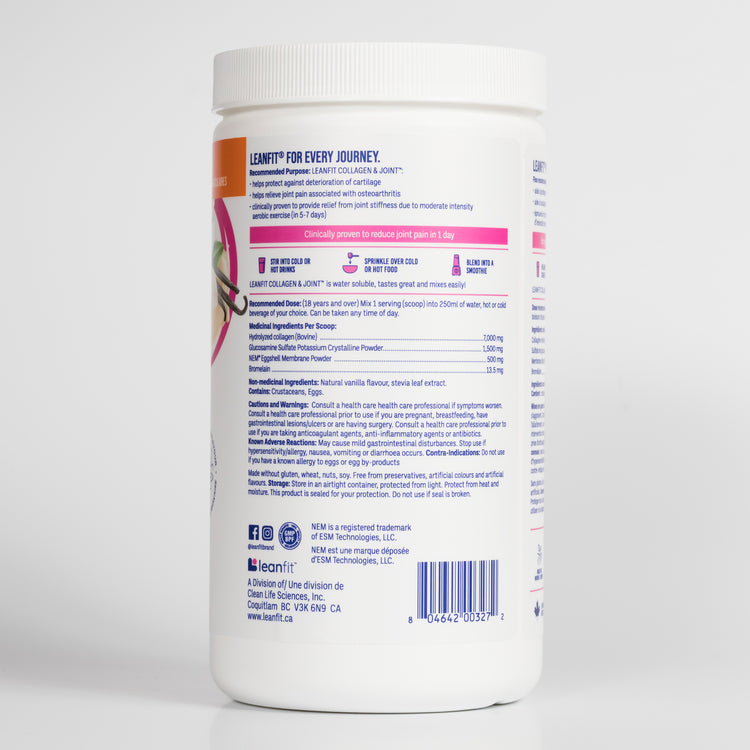 Side left label with directions and medicinal ingredients for LEANFIT Collagen & Joint