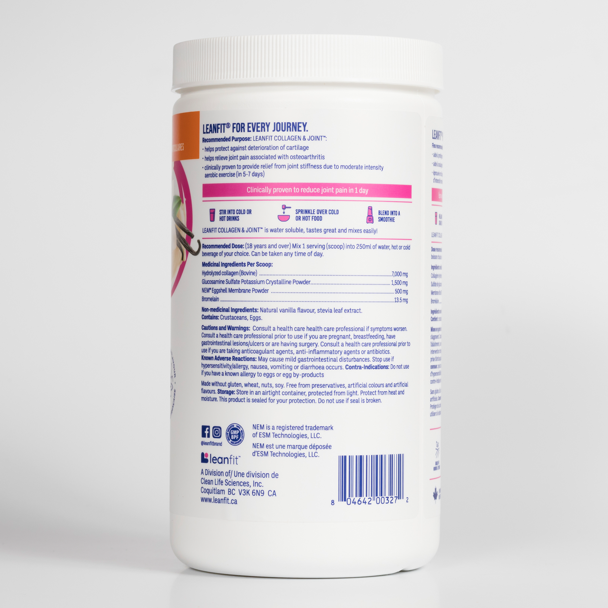 Side left label with directions and medicinal ingredients for LEANFIT Collagen & Joint