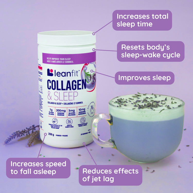 Benefits of LEANFIT Collagen & Sleep — increases total sleep time, resets sleep-wake cycle, improves sleep, faster to fall asleep, reduces jet lag
