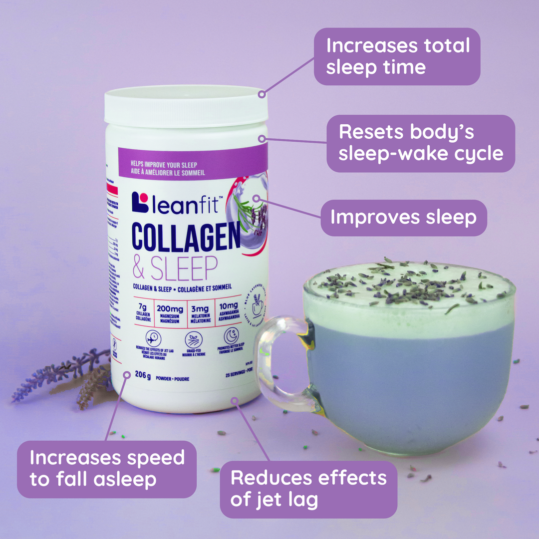 Benefits of LEANFIT Collagen & Sleep — increases total sleep time, resets sleep-wake cycle, improves sleep, faster to fall asleep, reduces jet lag