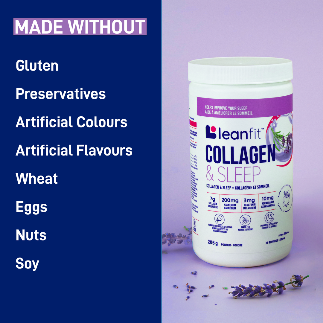 LEANFIT Collagen & Sleep — made without gluten, preservatives, artificial colours or flavours, wheat, eggs, nuts, or soy