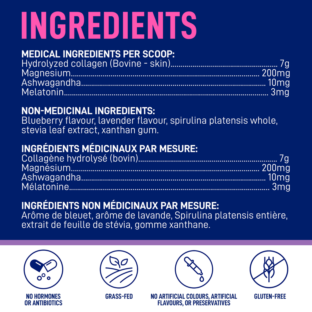 Ingredients for LEANFIT Collagen & Sleep — collagen peptides with magnesium, melatonin, and ashwagandha; nutrition facts