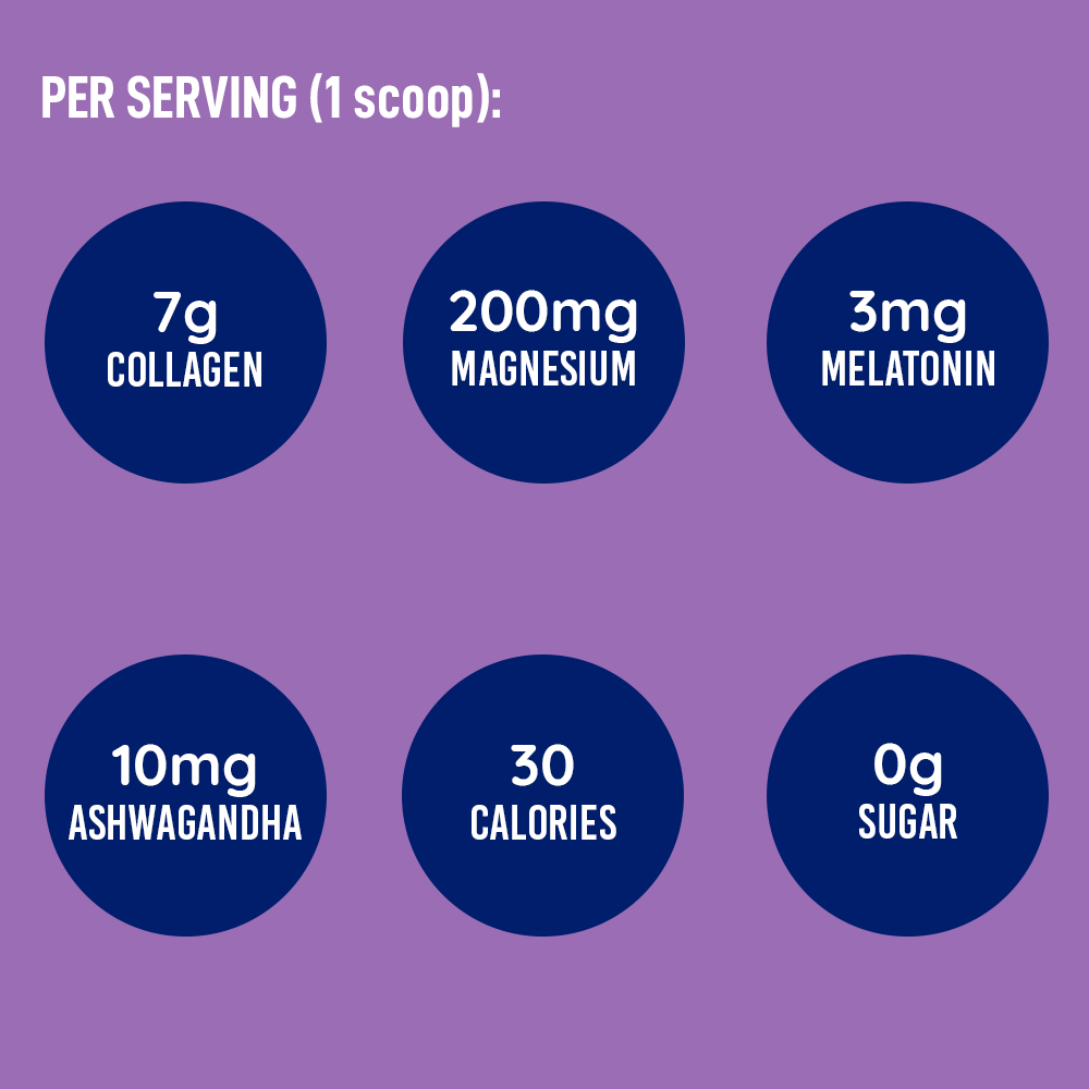 Per serving key benefits — 7 g collagen, 200 mg magnesium, 3 mg melatonin, 10 mg ashwagandha, 30 calories, 0 g sugar