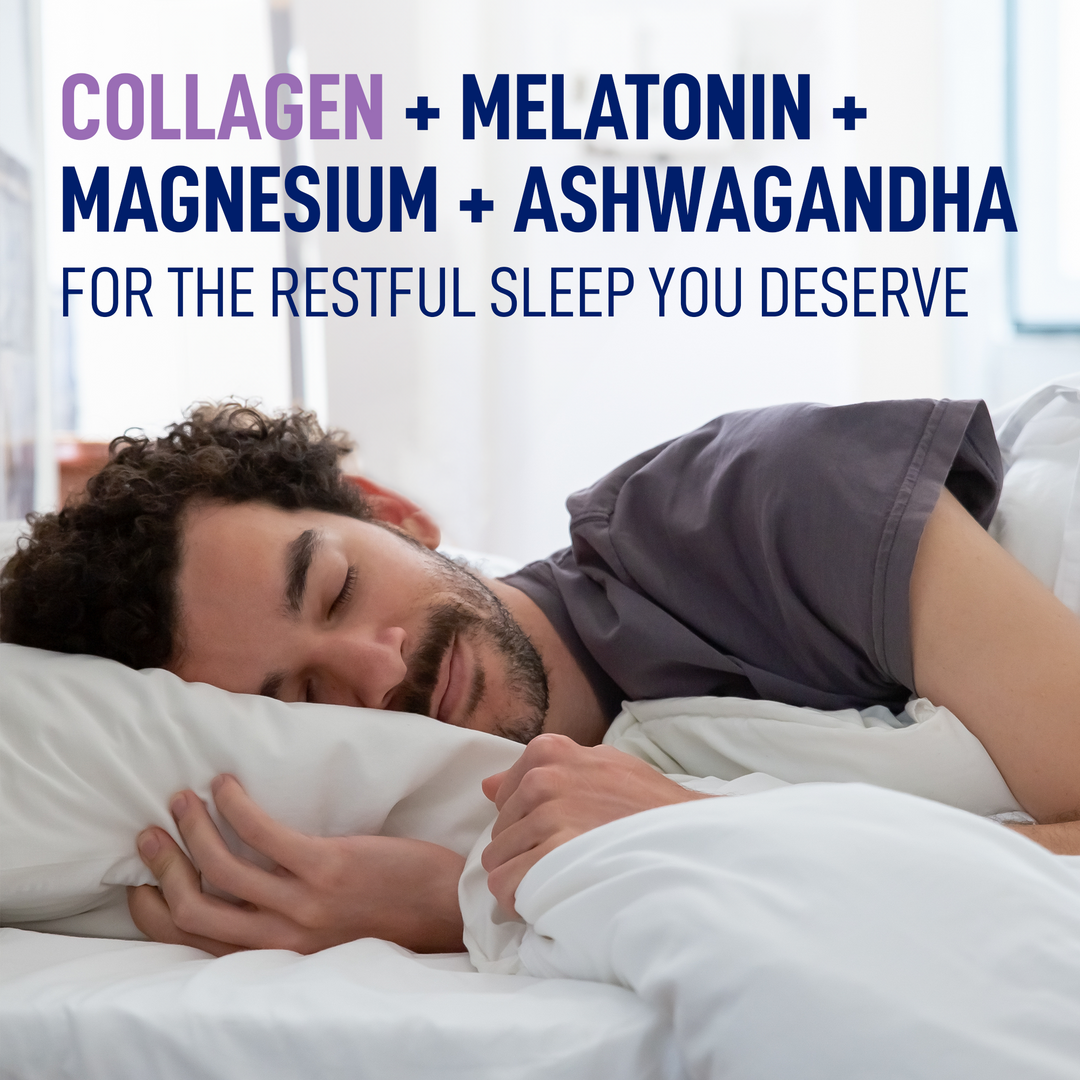 Lifestyle image: “Collagen + Melatonin + Magnesium + Ashwagandha” for the restful sleep you deserve