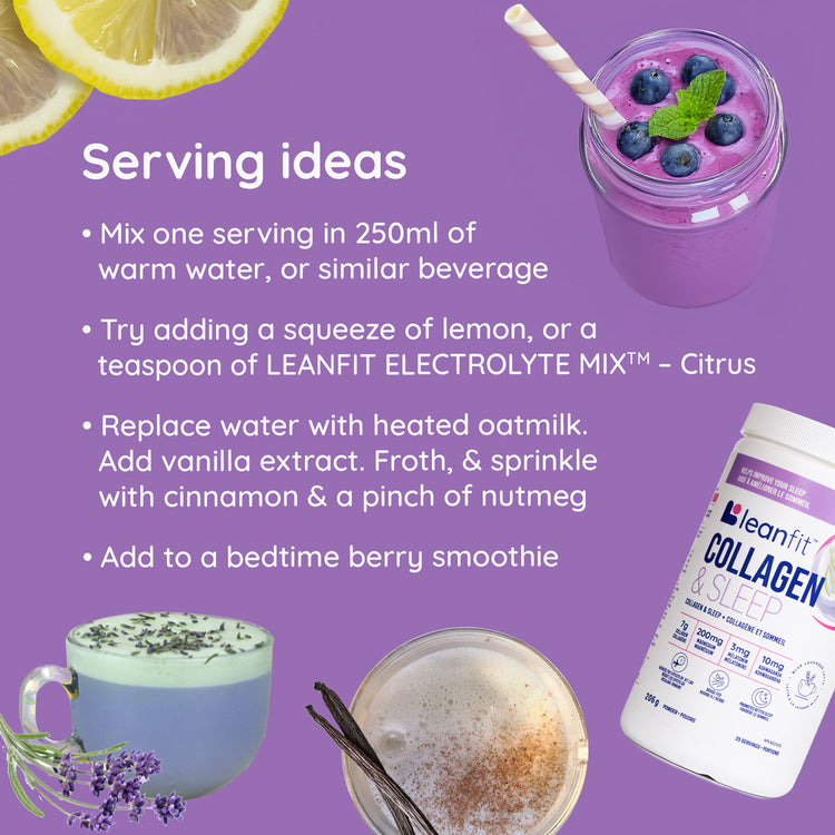 Serving ideas — mix with warm water, lemon, or electrolyte drink; add to recipes or a bedtime berry smoothie