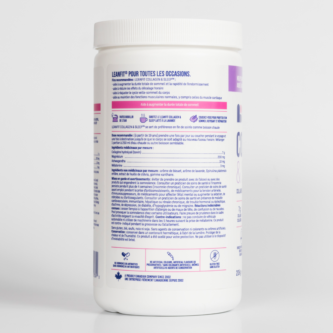 Side label with directions and medicinal ingredients for LEANFIT Collagen & Sleep