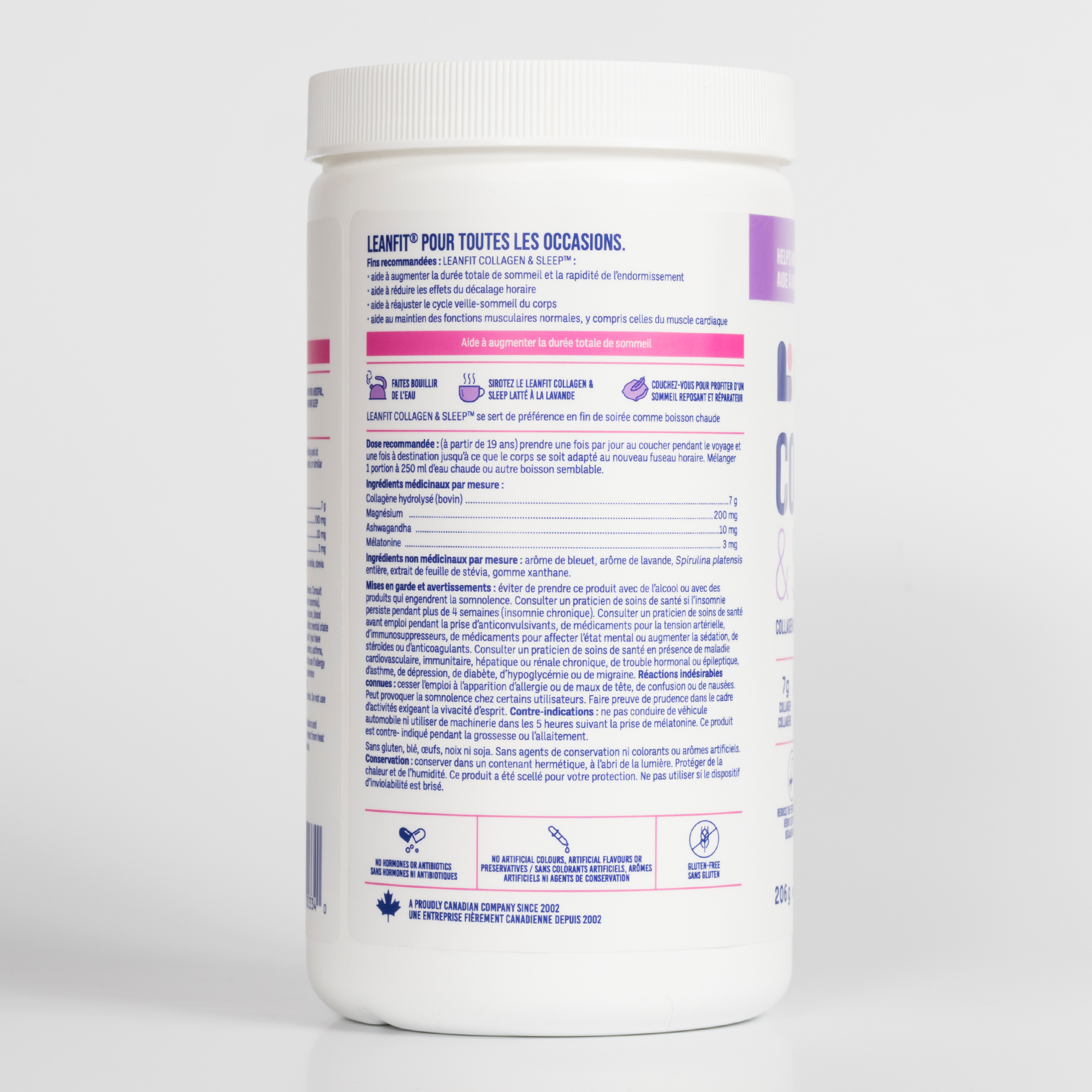 Side label with directions and medicinal ingredients for LEANFIT Collagen & Sleep