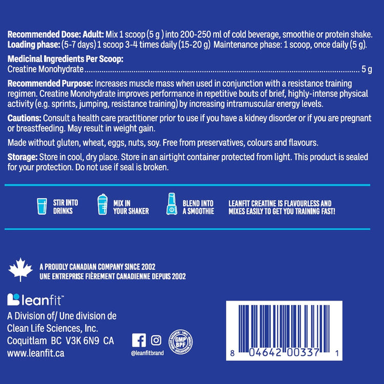Back label with directions and supplement facts — LEANFIT Creatine Monohydrate 500 g