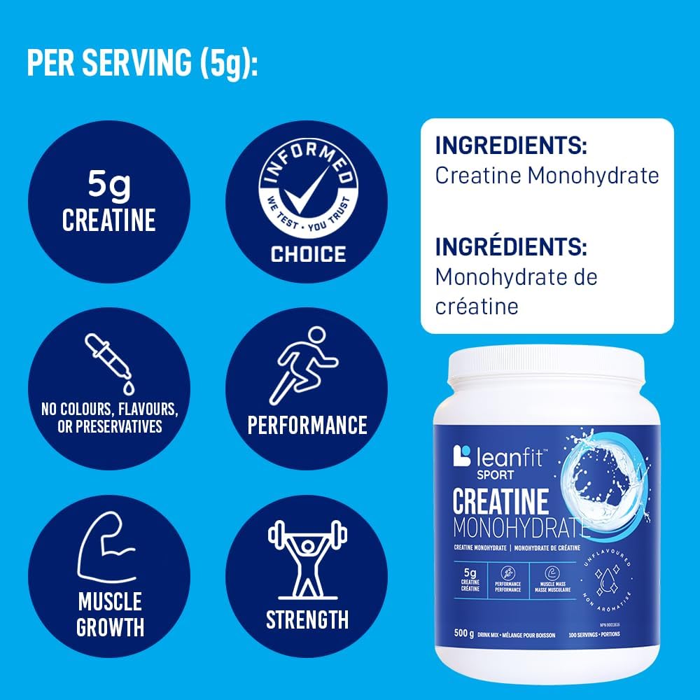 Per serving highlights — 5 g creatine monohydrate; supports performance, muscle growth, and strength; Informed Choice certified