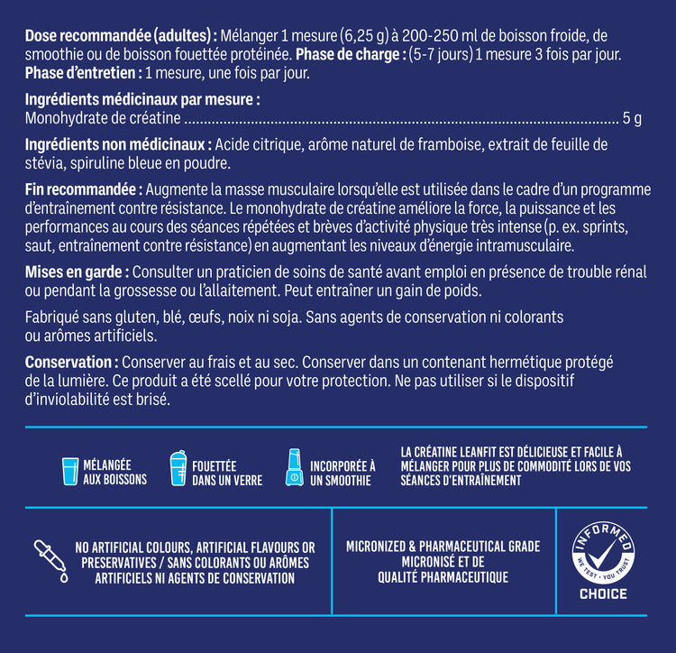 French Back label with directions and supplement facts — LEANFIT Creatine Monohydrate Blue Raspberry 625 g