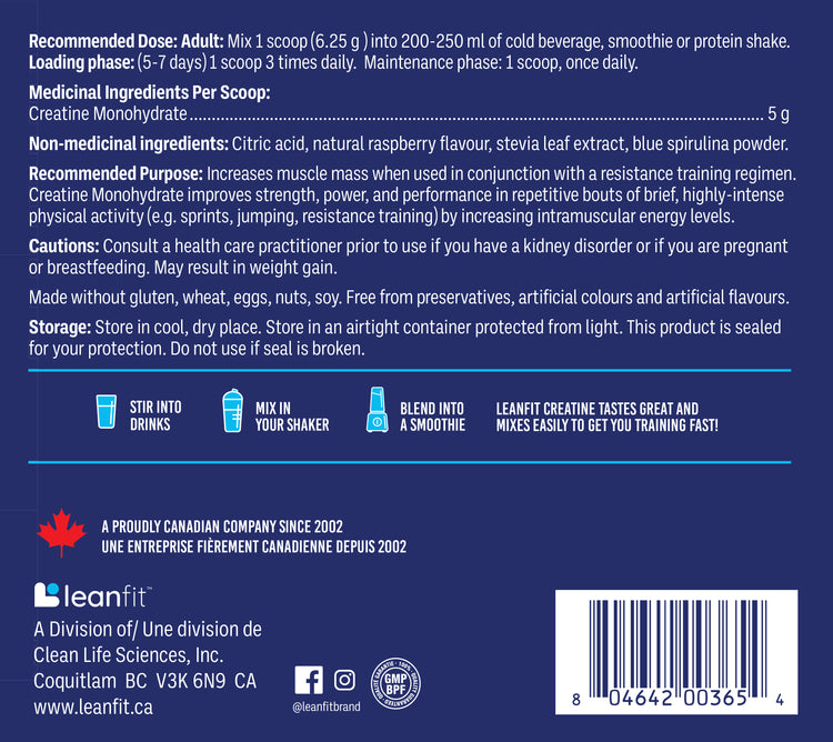 English Back label with directions and supplement facts — LEANFIT Creatine Monohydrate Blue Raspberry 625 g