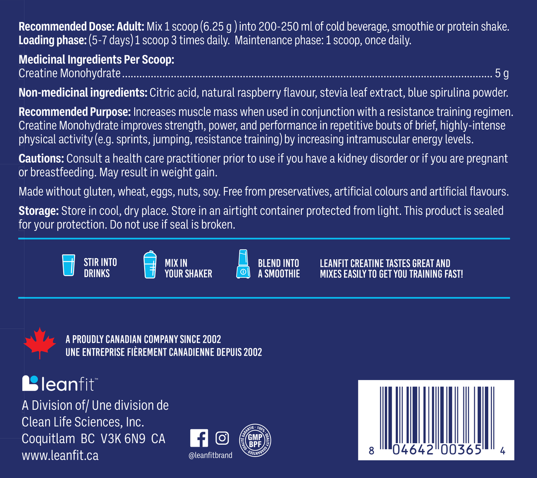 English Back label with directions and supplement facts — LEANFIT Creatine Monohydrate Blue Raspberry 625 g