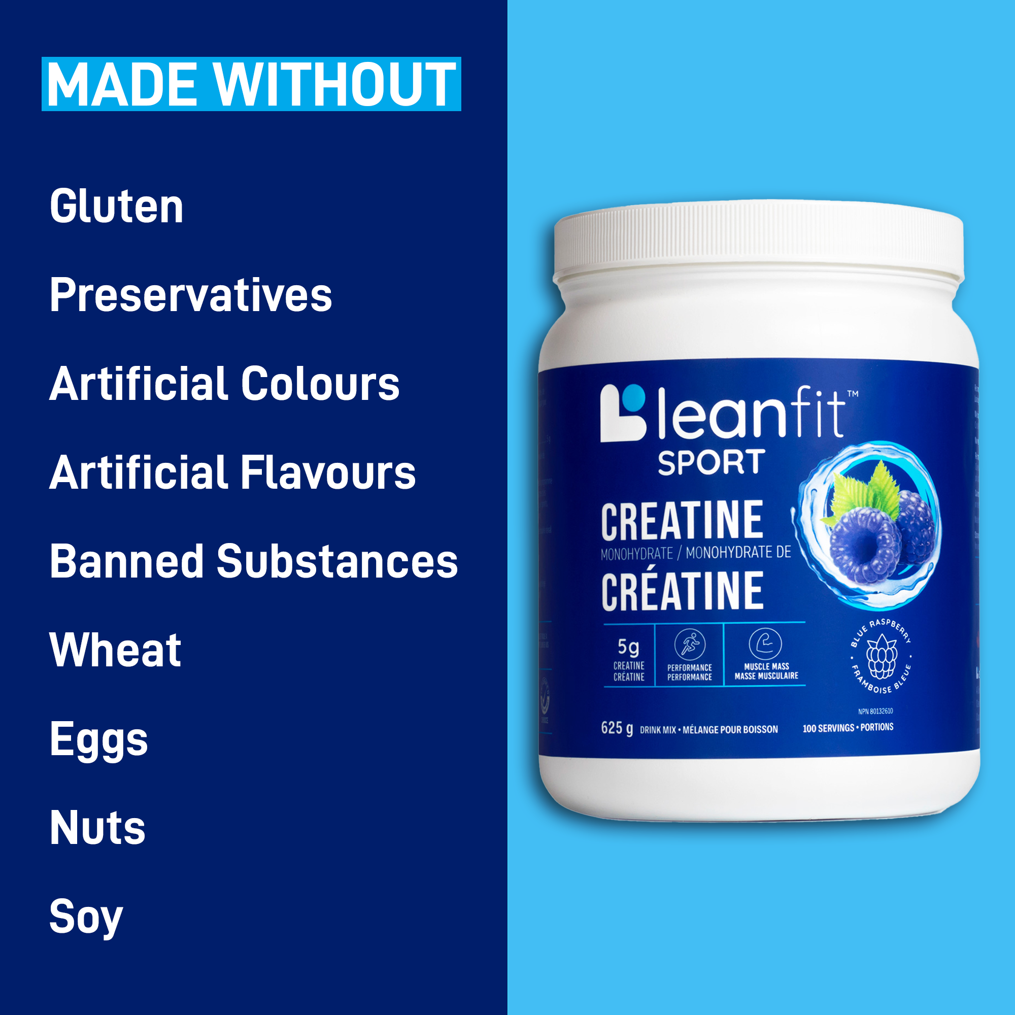 Made without gluten, preservatives, artificial colours or flavours, wheat, eggs, nuts, or soy; banned-substance tested (Informed Choice)