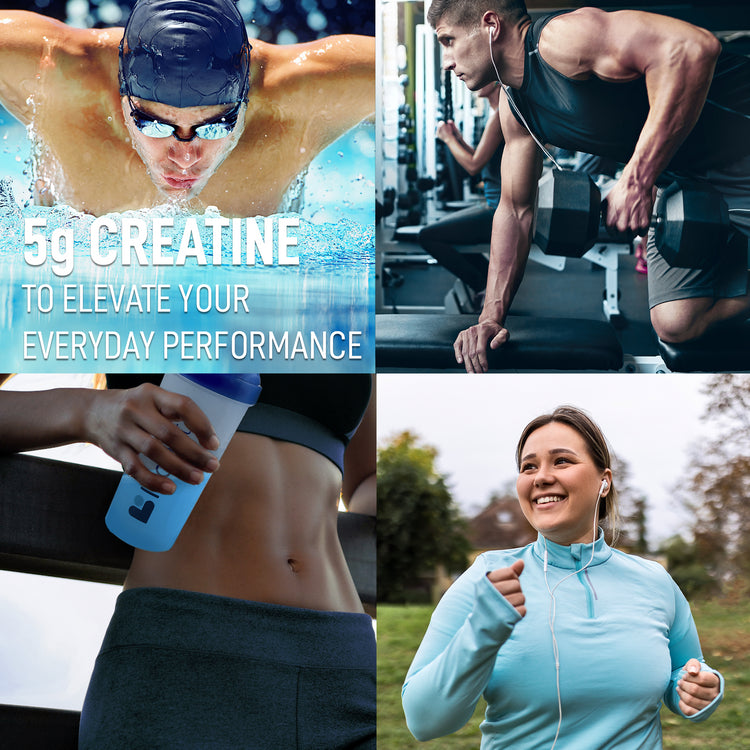 Collage of people exercising with text about 5g creatine supplement.