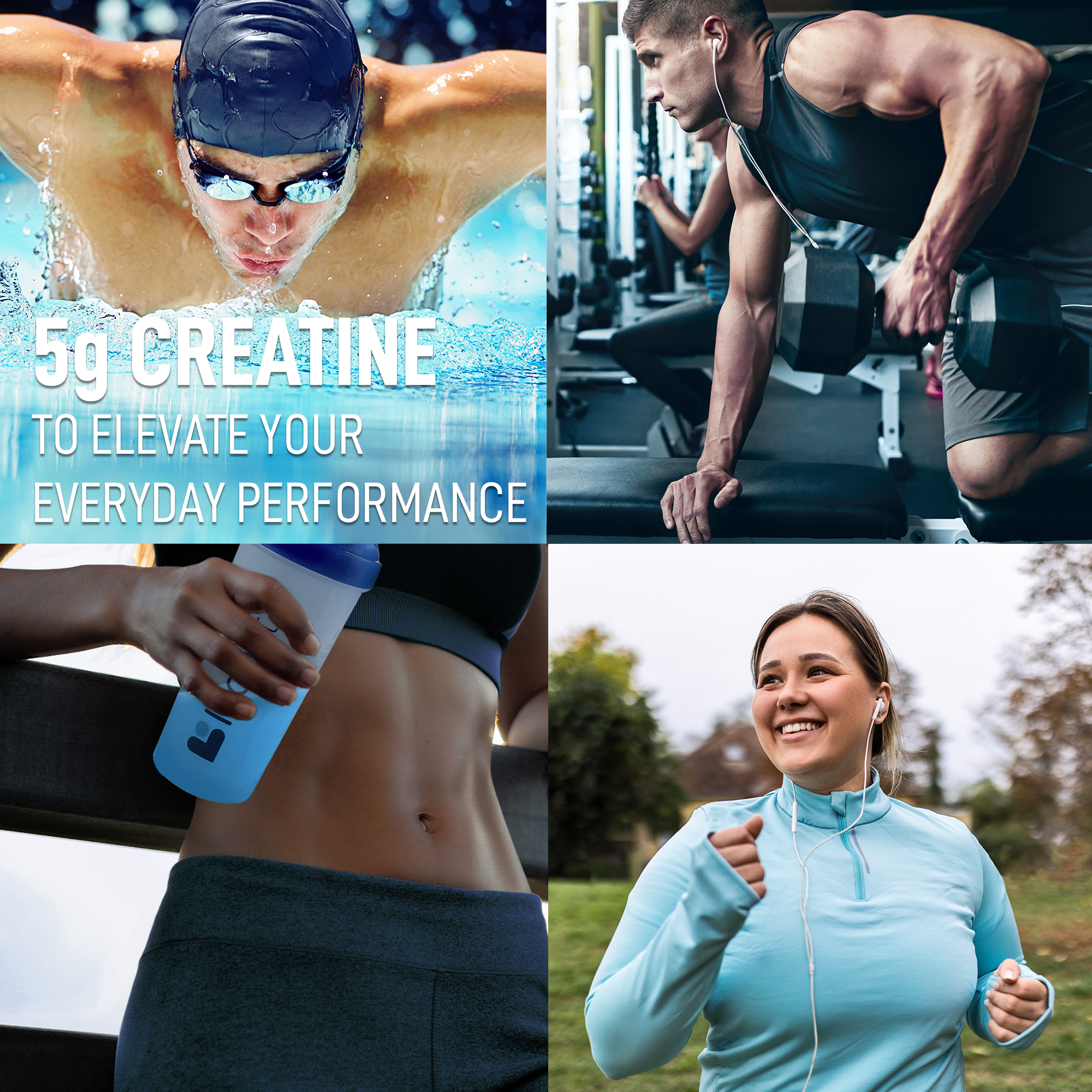 Collage of people exercising with text about 5g creatine supplement.