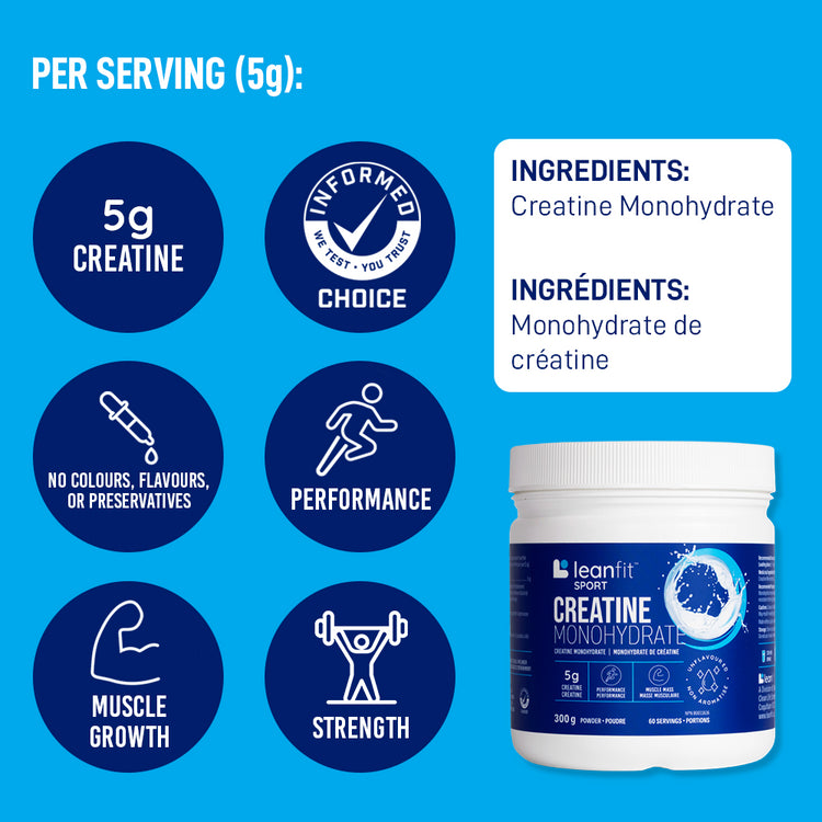 Per serving highlights — 5 g creatine monohydrate; supports performance, muscle growth, and strength; Informed Choice certified