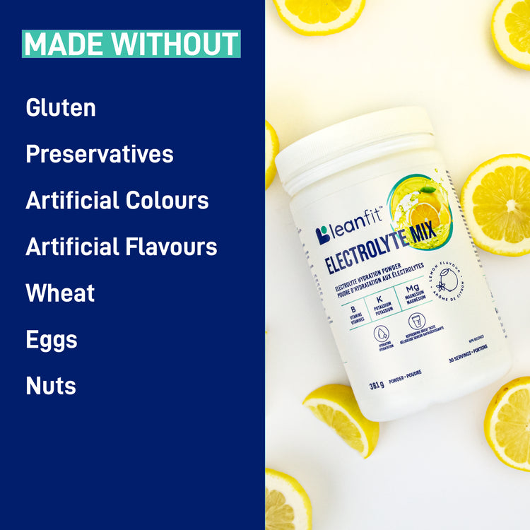 LEANFIT Electrolyte Mix — made without gluten, preservatives, artificial colours or flavours, eggs, wheat, or nuts