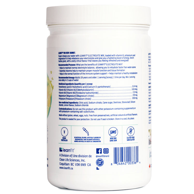 Side right label with directions and icons for LEANFIT Electrolyte Mix