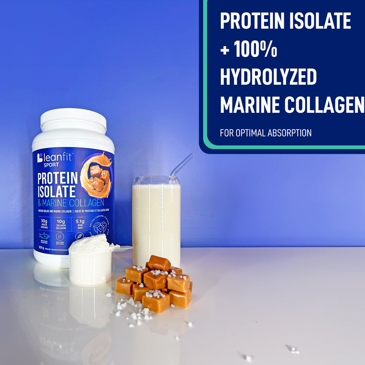 Protein isolate + 100% hydrolyzed marine collagen for optimal absorption — product hero with salted caramel pieces