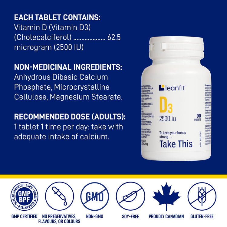 Each tablet contains vitamin D3 (cholecalciferol) 62.5 mcg / 2500 IU; non-medicinal ingredients and adult recommended dose