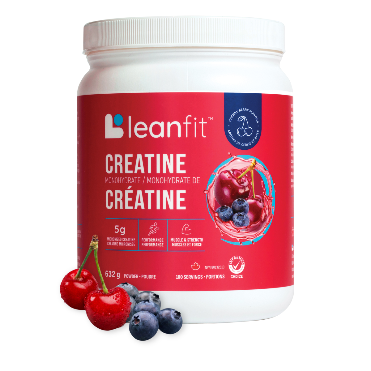 A white plastic tub of leanfit Creatine powder with a red label, shown on a white background with fresh cherries and blueberries in front of the container.