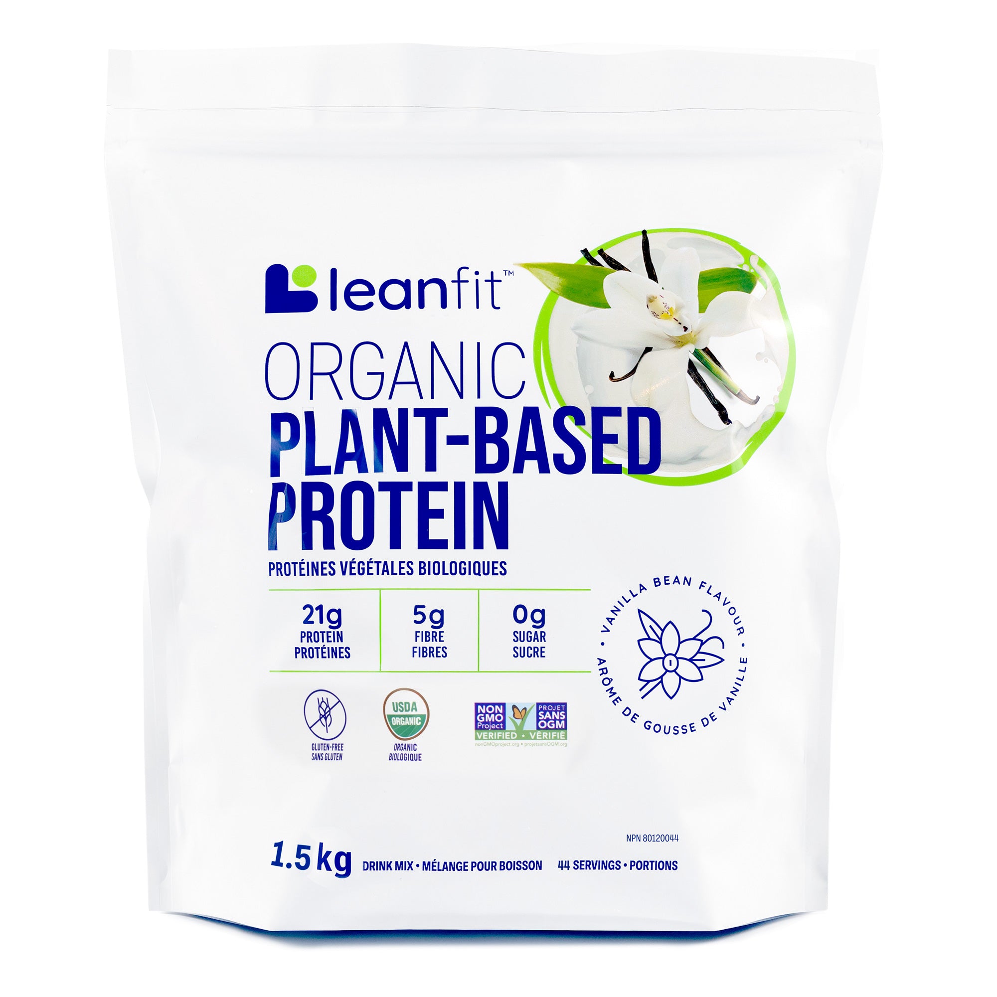 LEANFIT Organic Plant-Based Protein, Vanilla Bean flavour, 1.5kg pouch with 21g protein, 5g fibre, and 0g sugar per serving.
