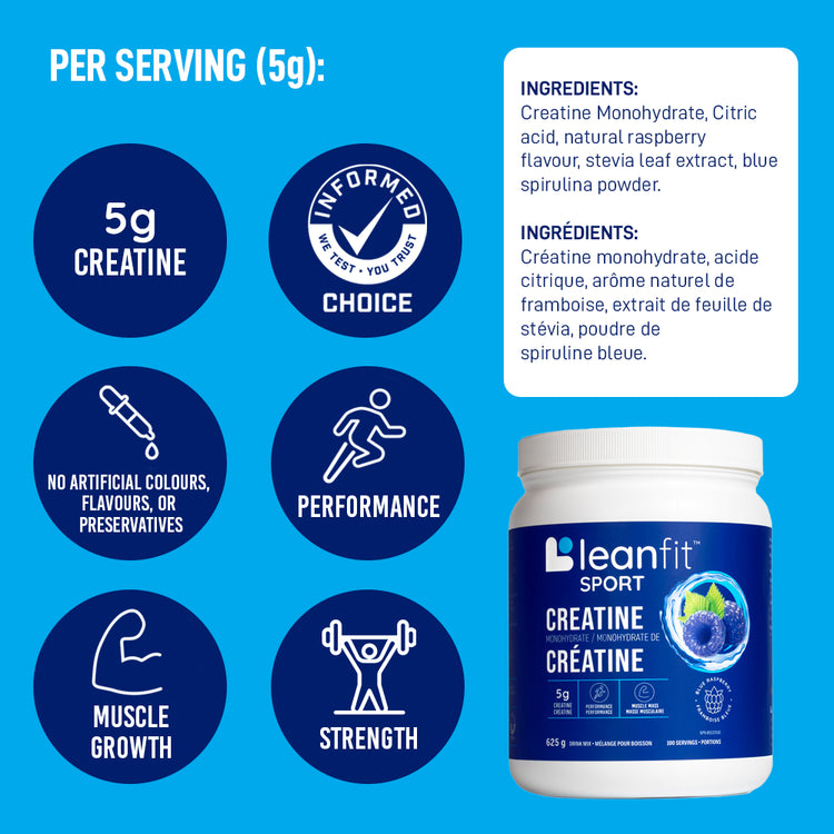 Blue container of leanfit Sport Creatine with icons and text on a blue background
