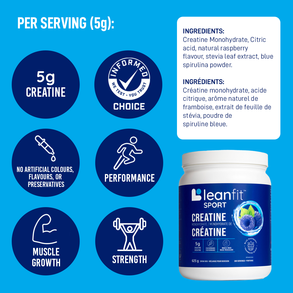 Blue container of leanfit Sport Creatine with icons and text on a blue background