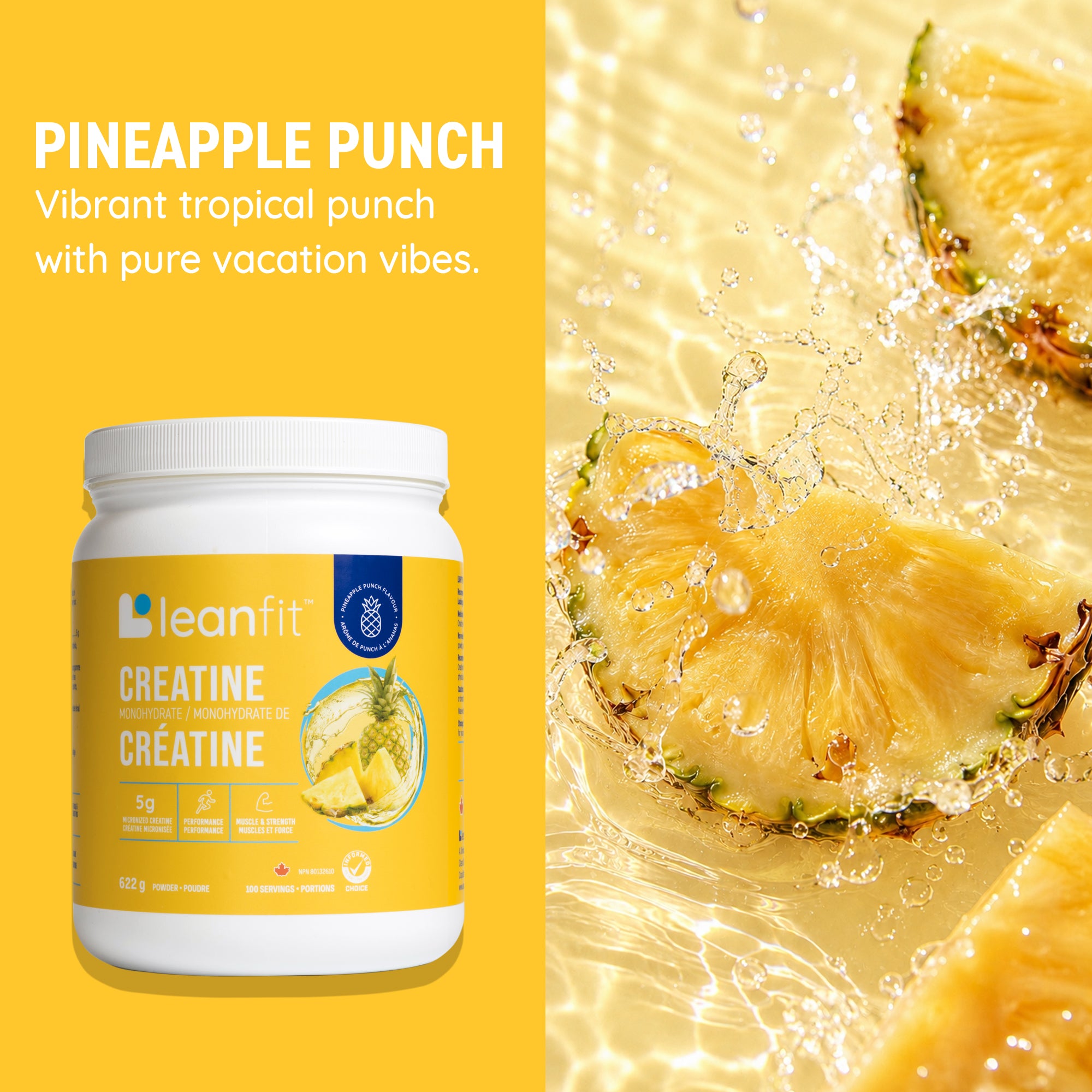Leanfit Creatine powder tub labeled 'PINEAPPLE PUNCH' on a bright yellow background, alongside pineapple slices splashing in water on the right.