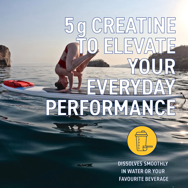 A woman in a red bikini does a headstand on a paddleboard on the ocean, with large white text reading '5g CREATINE TO ELEVATE YOUR EVERYDAY PERFORMANCE' and a yellow circular icon with a shaker bottle and smaller text about dissolving in water or favorite beverage.