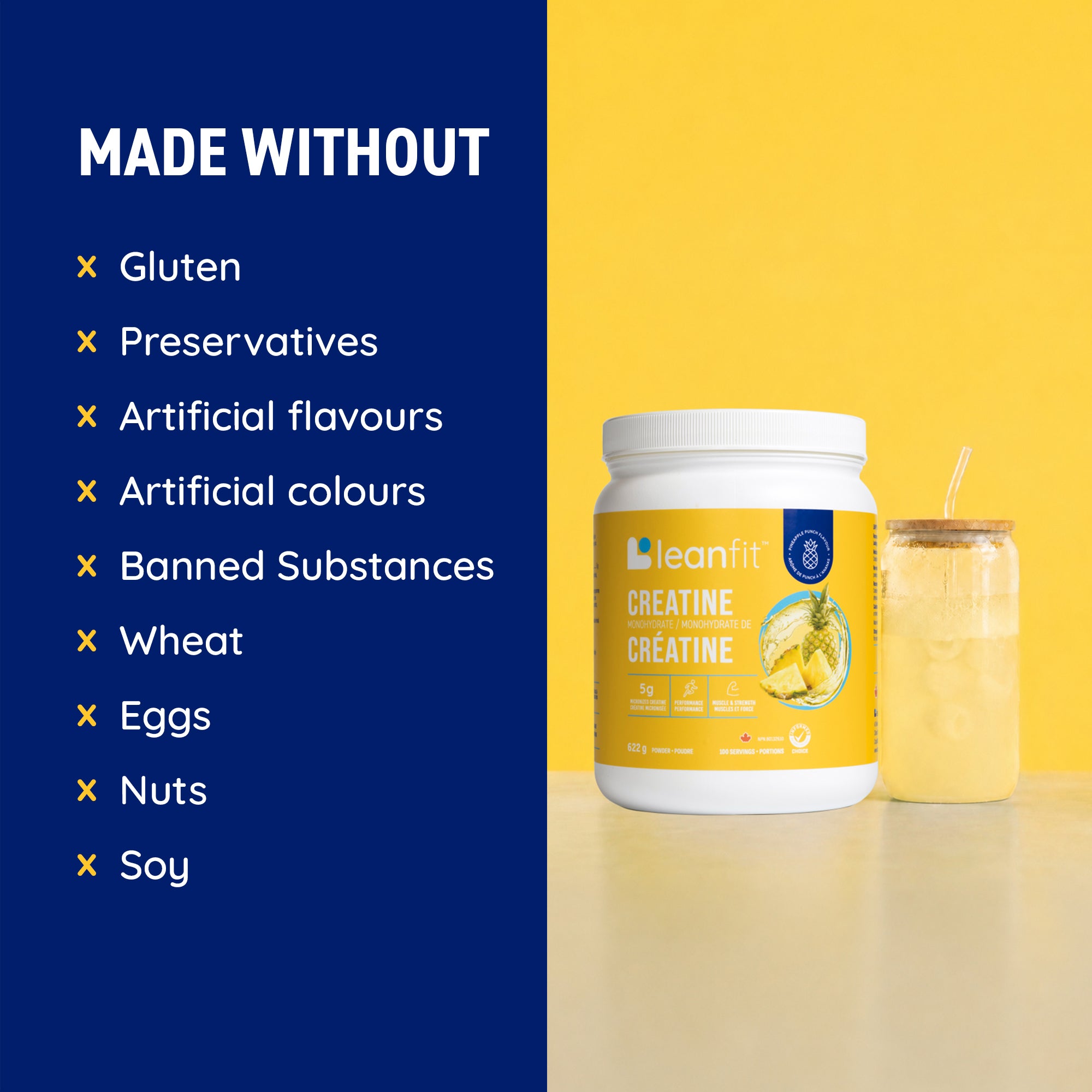 A white tub of leanfit Creatine with a yellow label stands next to a glass of pale yellow drink on a yellow surface against a yellow background. A dark blue text panel on the left reads 'MADE WITHOUT' with a list of allergens and ingredients.