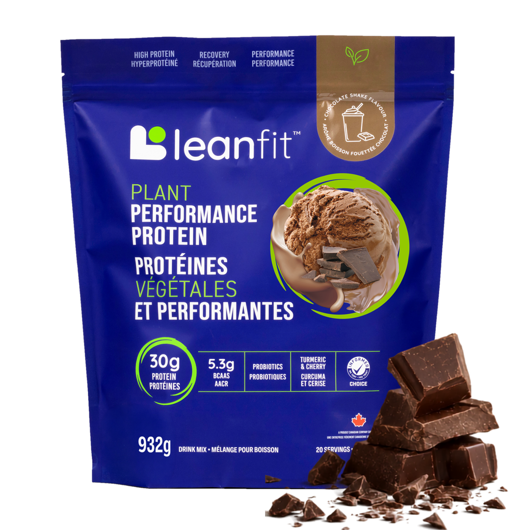 Leanfit Plant Performance Protein powder in a dark blue resealable pouch with chocolate ice cream and chocolate chunks shown on a white background.