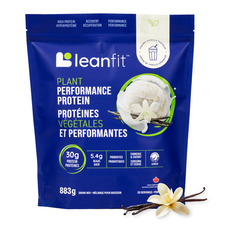 A blue stand-up pouch of leanfit Plant Performance Protein in vanilla flavor, shown on a white background with vanilla flower and bean props at the bottom.