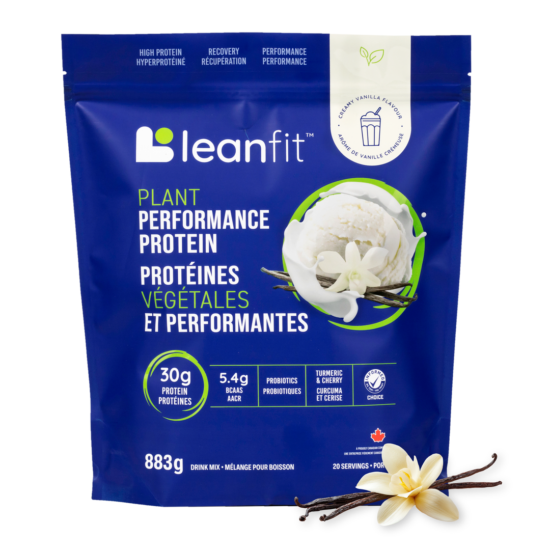 A blue stand-up pouch of leanfit Plant Performance Protein in vanilla flavor, shown on a white background with vanilla flower and bean props at the bottom.