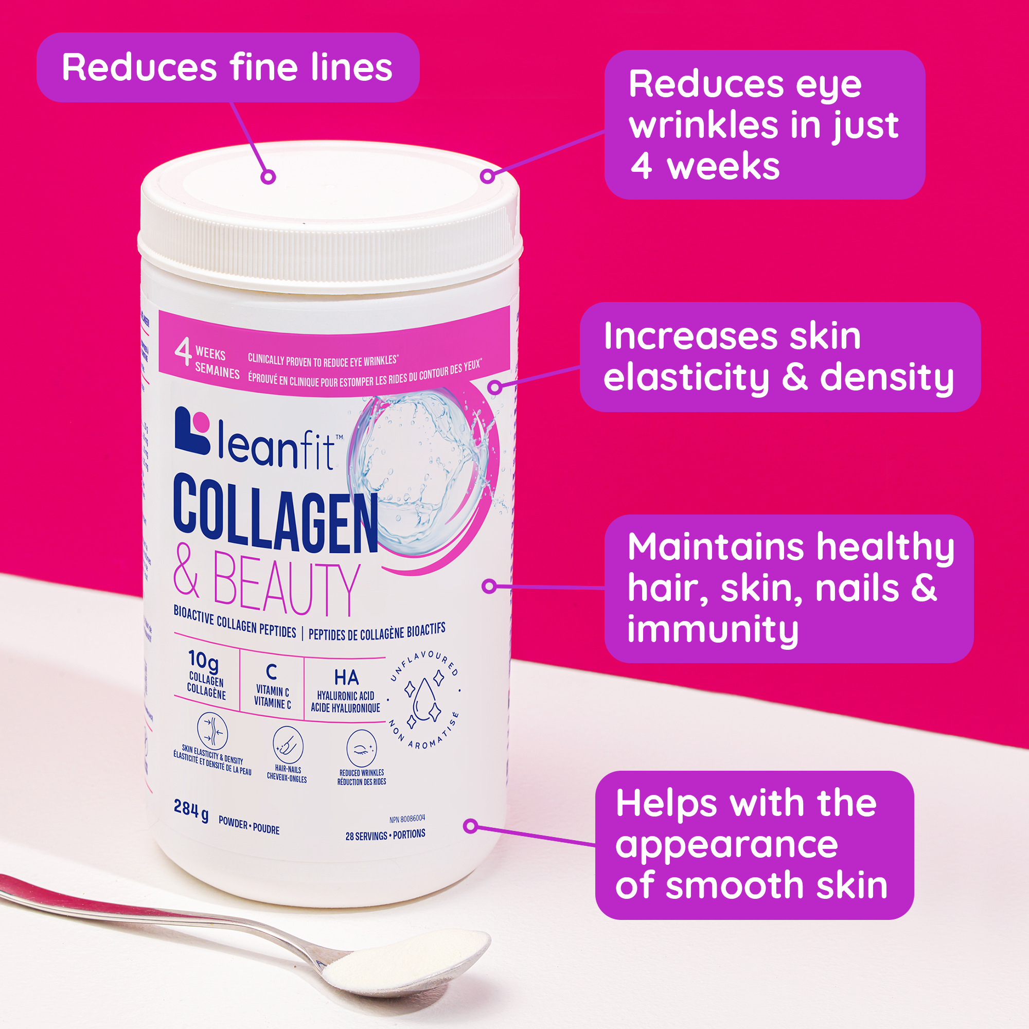 LEANFIT Collagen & Beauty — reduces fine lines, Reduce eye wrinkles in just 4 weeks, increases skin elasticity & density, maintains healthy hair, skin, nails & immunity, helps with the appearance of smooth skin