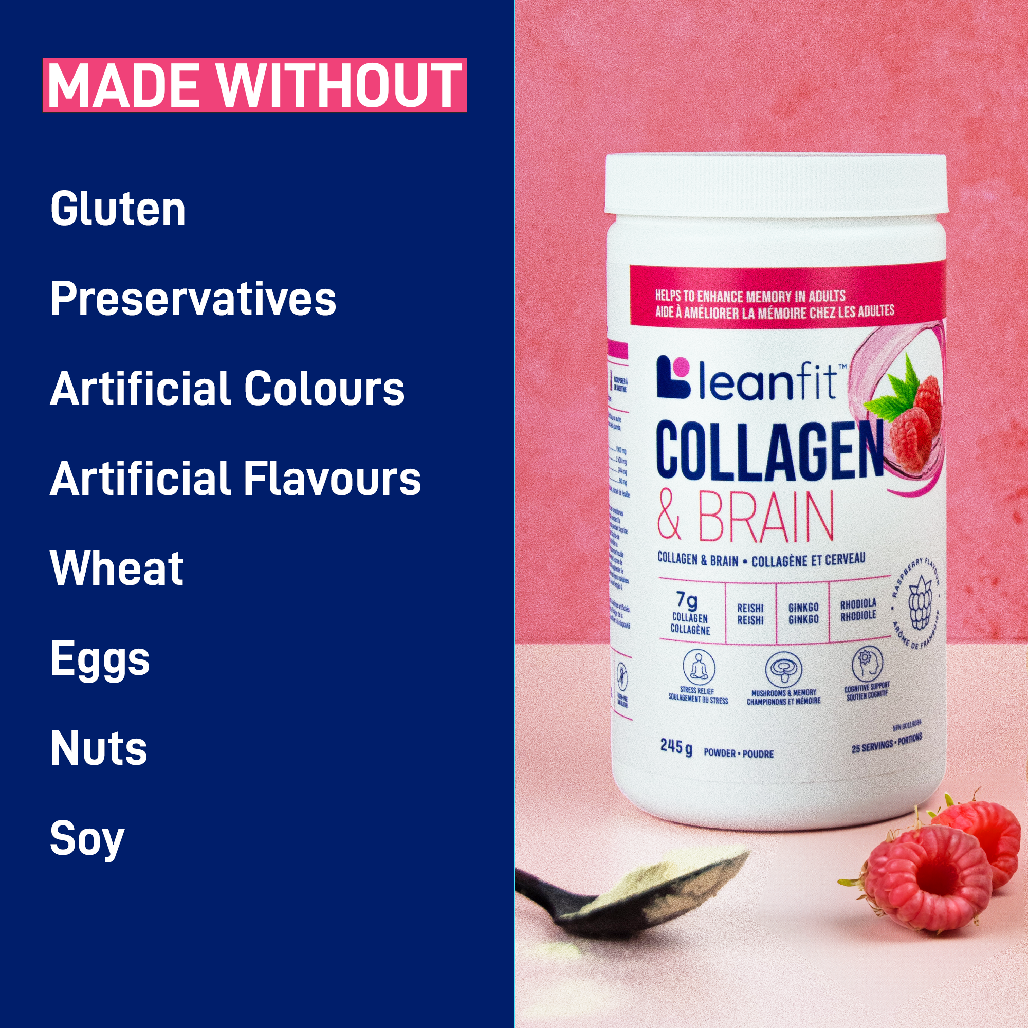 LEANFIT Collagen & Brain — made without gluten, preservatives, artificial colours or flavours, eggs, nuts, soy, or wheat