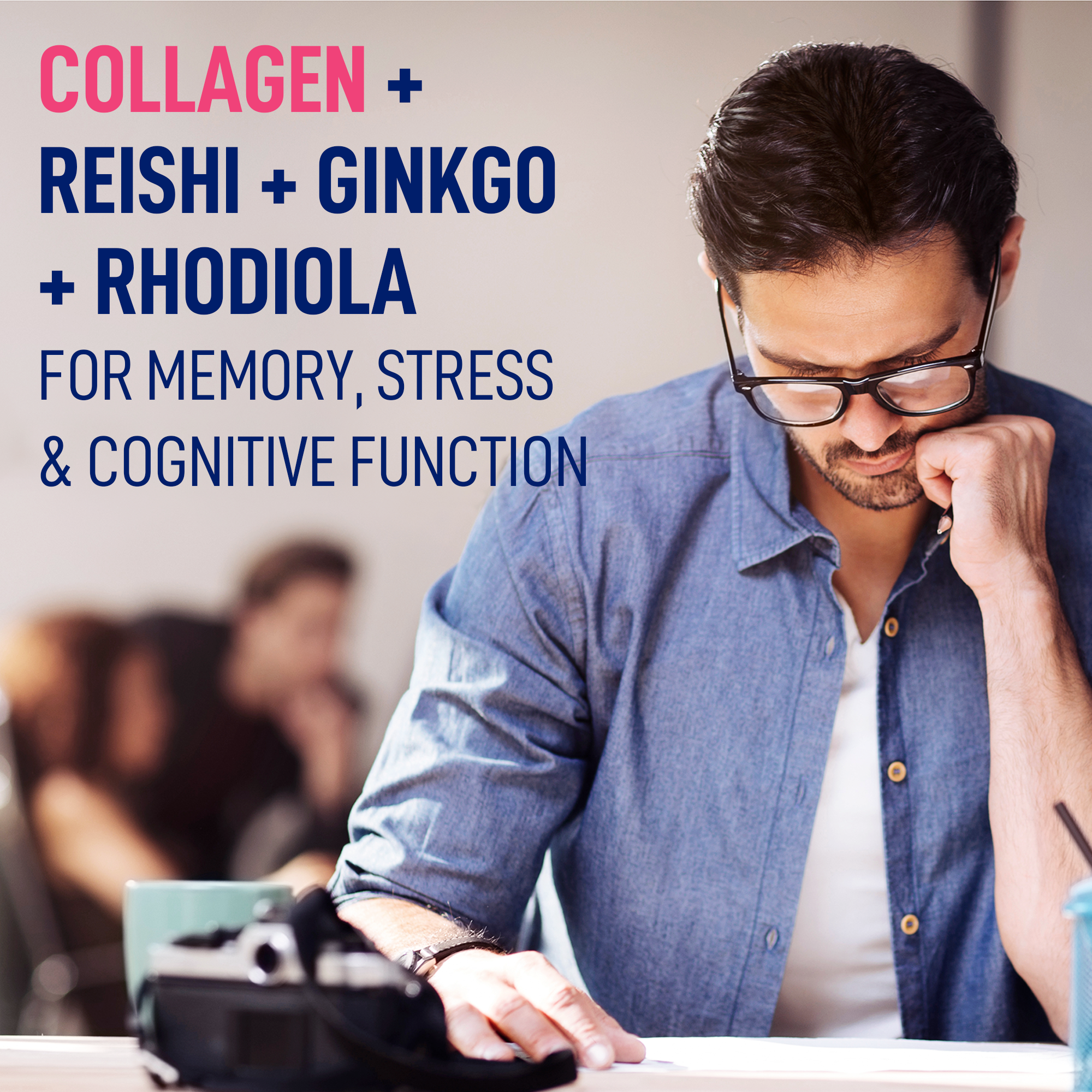 Lifestyle image — focused workday support with LEANFIT Collagen & Brain for memory, stress, and cognitive function