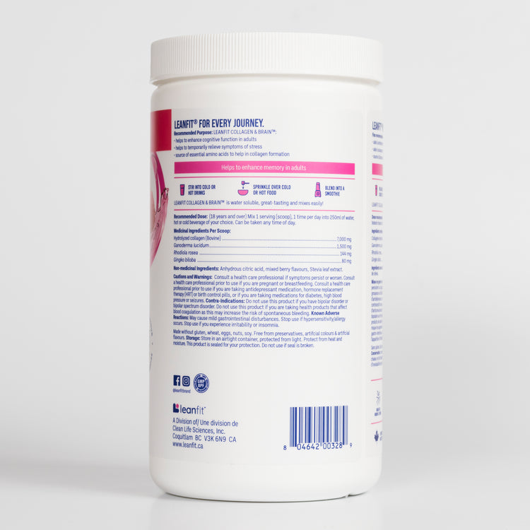 Side right label with usage directions and medicinal ingredients for LEANFIT Collagen & Brain