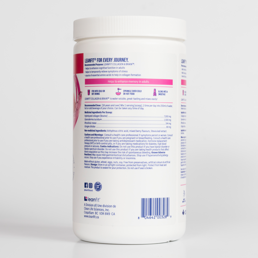 Side right label with usage directions and medicinal ingredients for LEANFIT Collagen & Brain