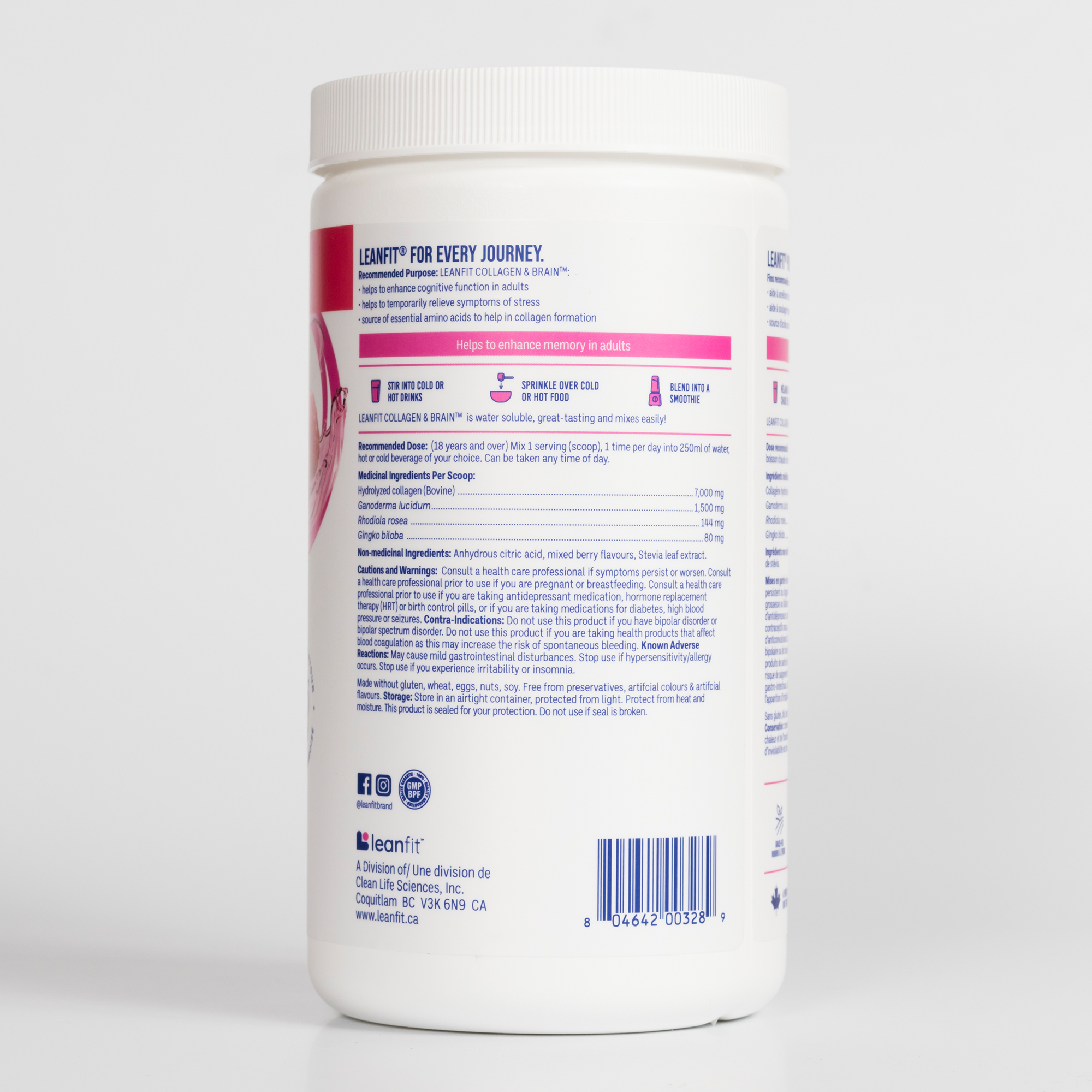 Side right label with usage directions and medicinal ingredients for LEANFIT Collagen & Brain